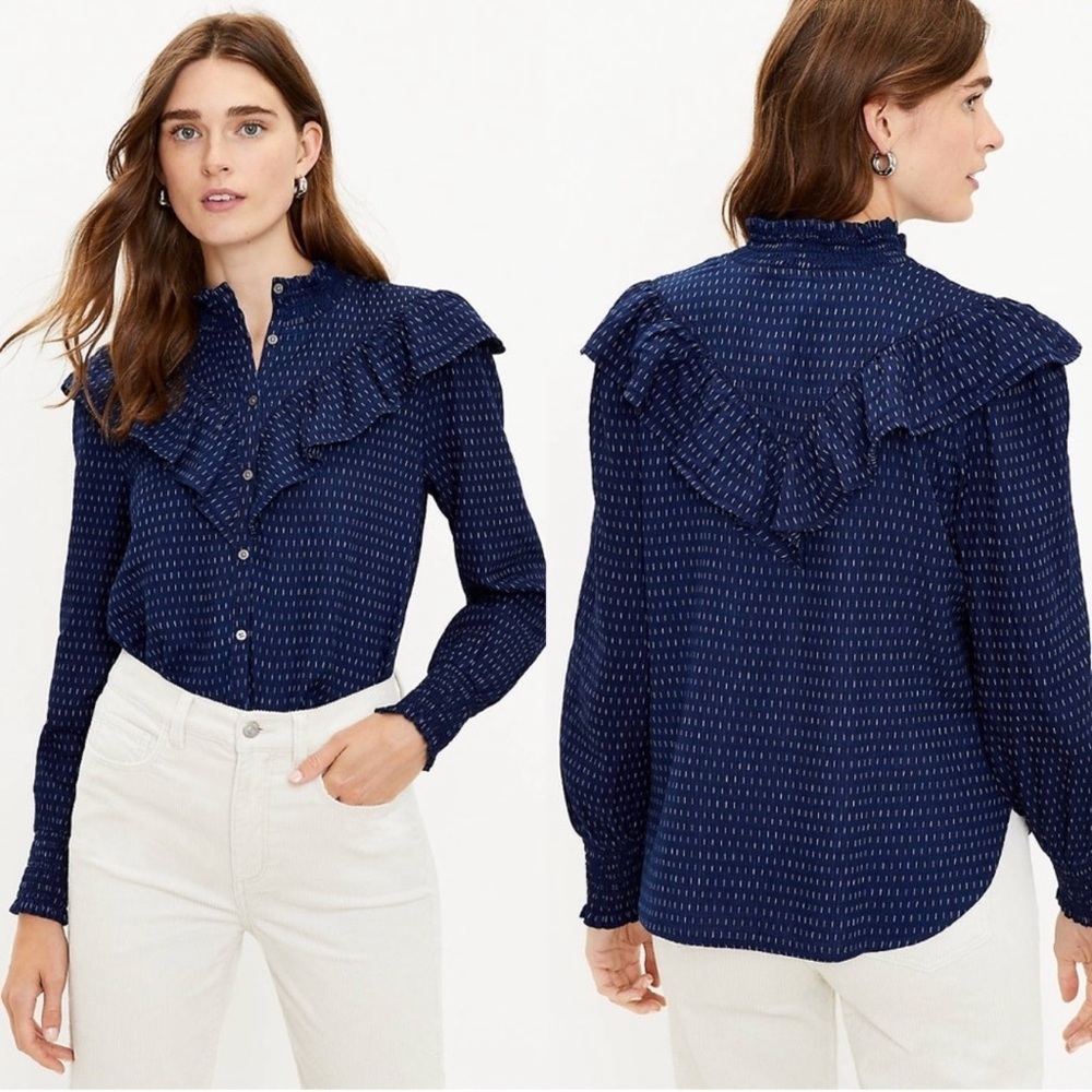 LOFT Doby Ruffle Yoke Button Up Shirt Cotton Blouse Top Blue Medium